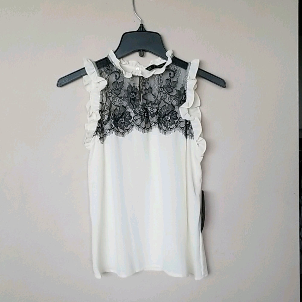 NEW Zara white sleeveless top blouse black lace